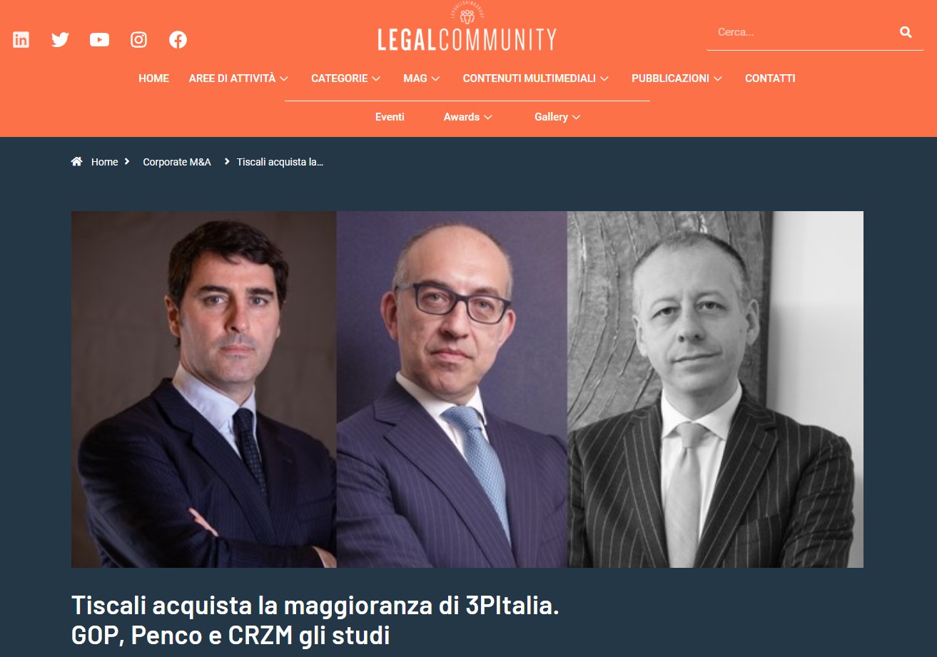 Tiscali acquista la maggioranza di 3PItalia. Anche lo Studio Penco ha seguito l'operazione